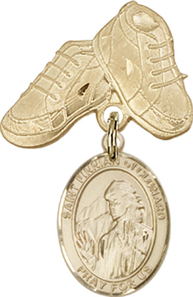 14kt Gold Baby Badge with St. Finnian of Clonard Charm and Baby Boots Pin