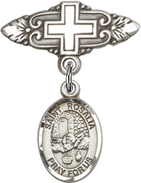 Sterling Silver Baby Badge with St. Rosalia Charm and Badge Pin with Cross