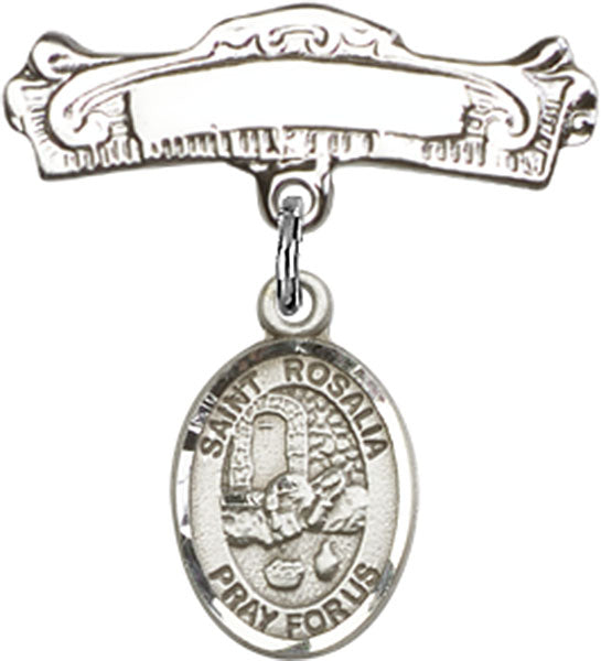 Sterling Silver Baby Badge with St. Rosalia Charm and Arched Polished Badge Pin