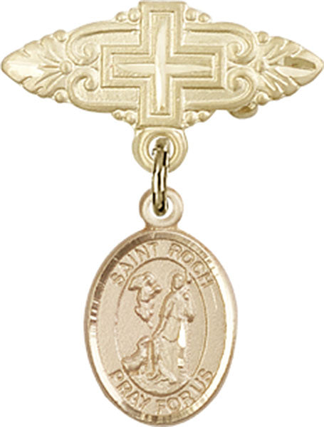 14kt Gold Baby Badge with St. Roch Charm and Badge Pin with Cross