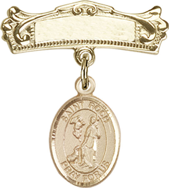 14kt Gold Baby Badge with St. Roch Charm and Arched Polished Badge Pin