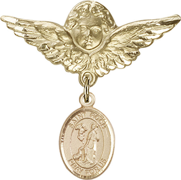 14kt Gold Baby Badge with St. Roch Charm and Angel w/Wings Badge Pin