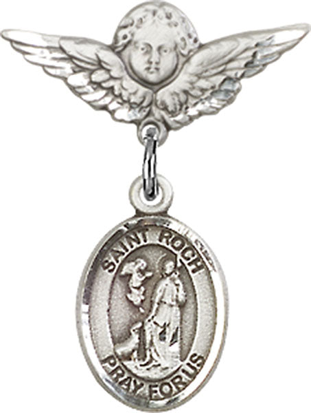 Sterling Silver Baby Badge with St. Roch Charm and Angel w/Wings Badge Pin