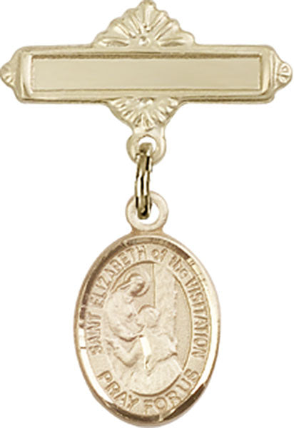 14kt Gold Filled Baby Badge with St. Elizabeth of the Visitation Charm and Polished Badge Pin