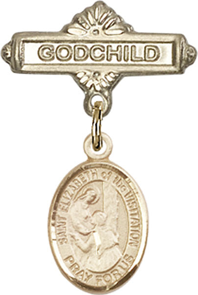 14kt Gold Filled Baby Badge with St. Elizabeth of the Visitation Charm and Godchild Badge Pin