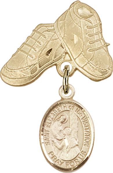 14kt Gold Filled Baby Badge with St. Elizabeth of the Visitation Charm and Baby Boots Pin