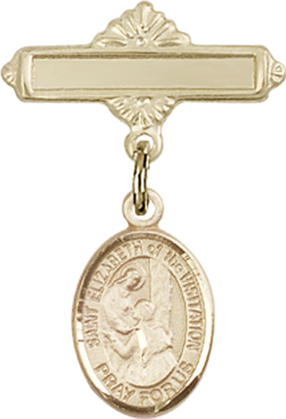 14kt Gold Baby Badge with St. Elizabeth of the Visitation Charm and Polished Badge Pin