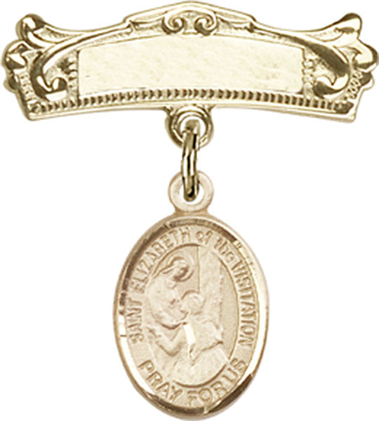 14kt Gold Baby Badge with St. Elizabeth of the Visitation Charm and Arched Polished Badge Pin