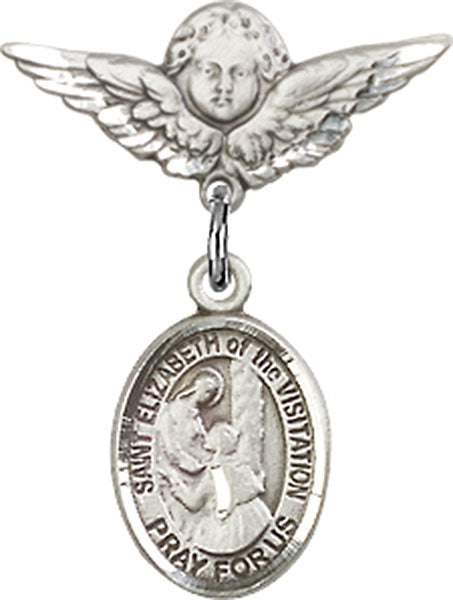 Sterling Silver Baby Badge with St. Elizabeth of the Visitation Charm and Angel w/Wings Badge Pin