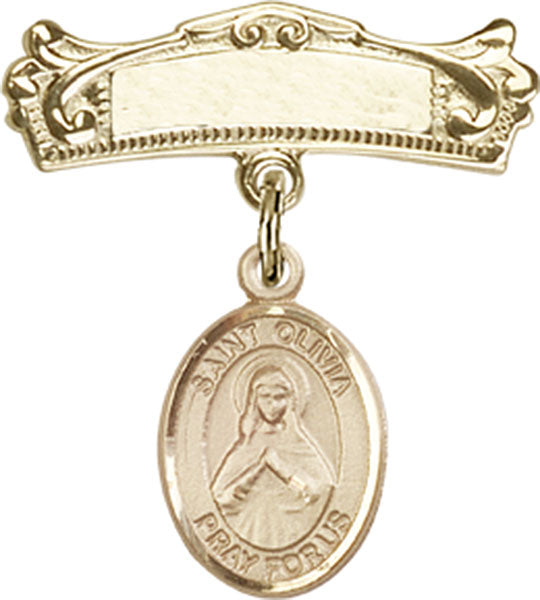 14kt Gold Filled Baby Badge with St. Olivia Charm and Arched Polished Badge Pin
