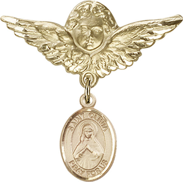14kt Gold Filled Baby Badge with St. Olivia Charm and Angel w/Wings Badge Pin