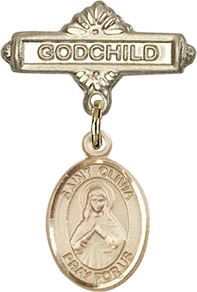 14kt Gold Filled Baby Badge with St. Olivia Charm and Godchild Badge Pin