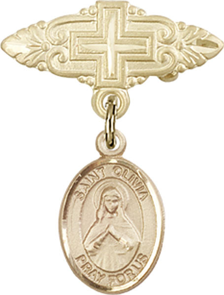 14kt Gold Baby Badge with St. Olivia Charm and Badge Pin with Cross