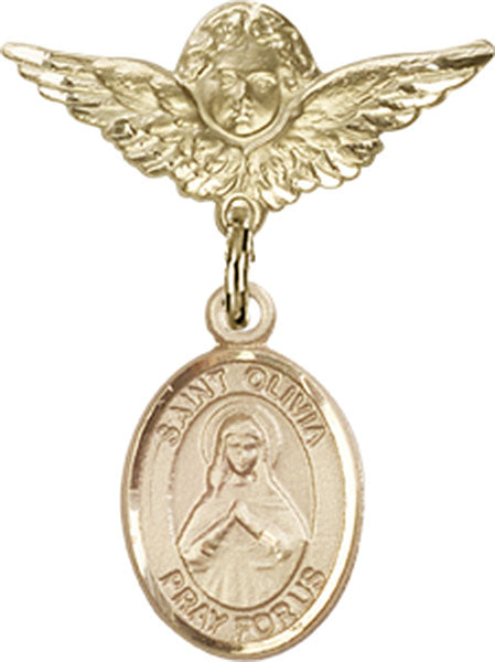 14kt Gold Baby Badge with St. Olivia Charm and Angel w/Wings Badge Pin