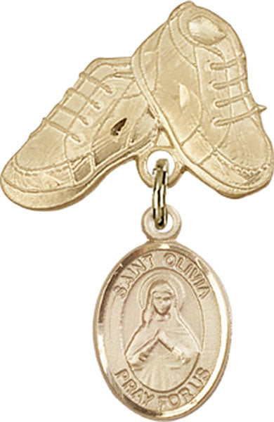 14kt Gold Baby Badge with St. Olivia Charm and Baby Boots Pin