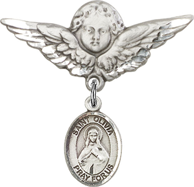 Sterling Silver Baby Badge with St. Olivia Charm and Angel w/Wings Badge Pin
