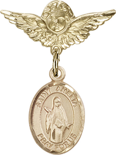 14kt Gold Filled Baby Badge with St. Amelia Charm and Angel w/Wings Badge Pin