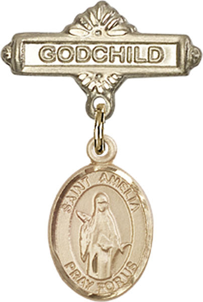14kt Gold Filled Baby Badge with St. Amelia Charm and Godchild Badge Pin