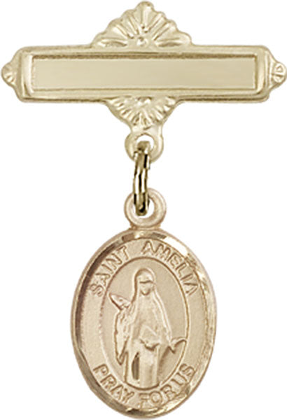 14kt Gold Baby Badge with St. Amelia Charm and Polished Badge Pin