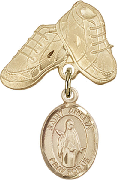 14kt Gold Baby Badge with St. Amelia Charm and Baby Boots Pin