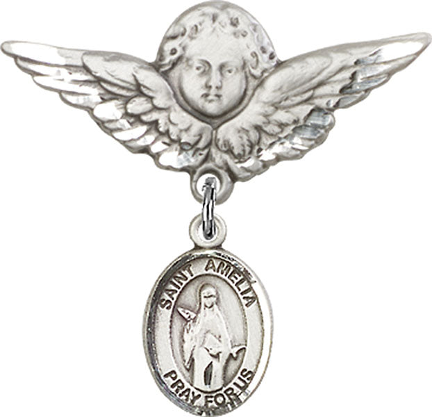 Sterling Silver Baby Badge with St. Amelia Charm and Angel w/Wings Badge Pin