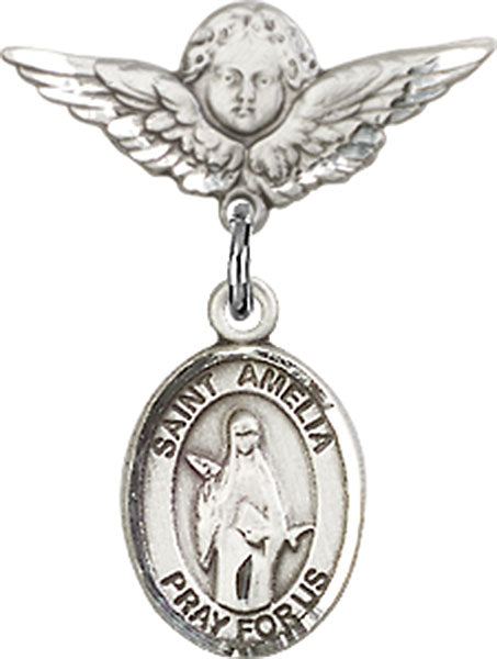 Sterling Silver Baby Badge with St. Amelia Charm and Angel w/Wings Badge Pin