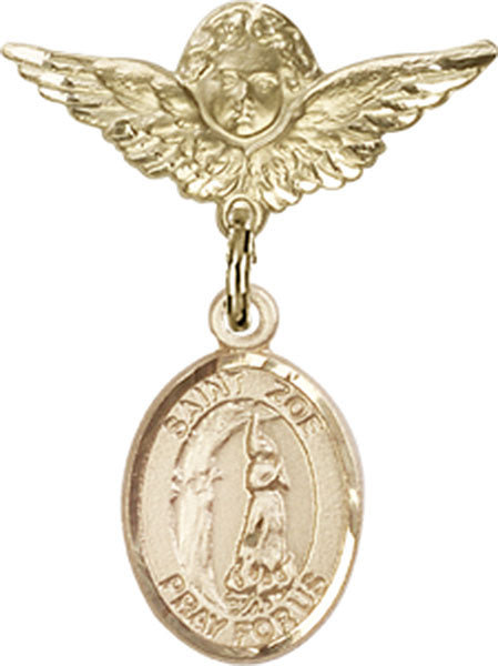 14kt Gold Baby Badge with St. Zoe of Rome Charm and Angel w/Wings Badge Pin