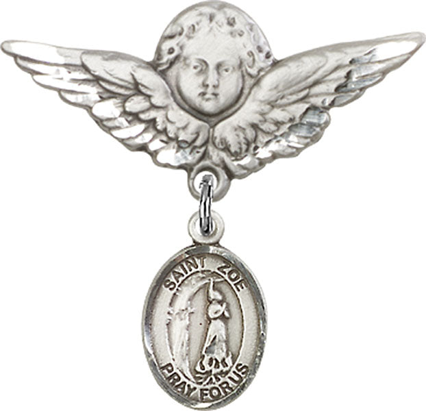Sterling Silver Baby Badge with St. Zoe of Rome Charm and Angel w/Wings Badge Pin
