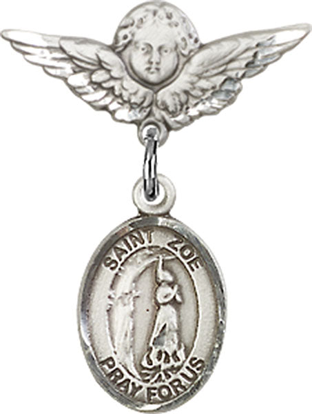 Sterling Silver Baby Badge with St. Zoe of Rome Charm and Angel w/Wings Badge Pin