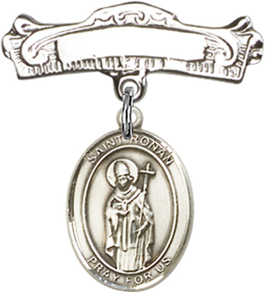 Sterling Silver Baby Badge with St. Ronan Charm and Arched Polished Badge Pin