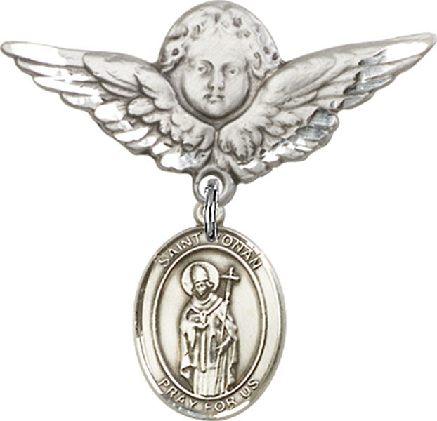 Sterling Silver Baby Badge with St. Ronan Charm and Angel w/Wings Badge Pin