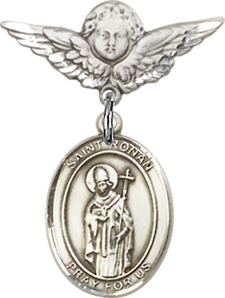 Sterling Silver Baby Badge with St. Ronan Charm and Angel w/Wings Badge Pin