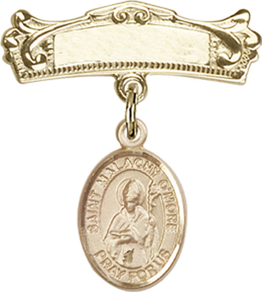 14kt Gold Filled Baby Badge with St. Malachy O'More Charm and Arched Polished Badge Pin