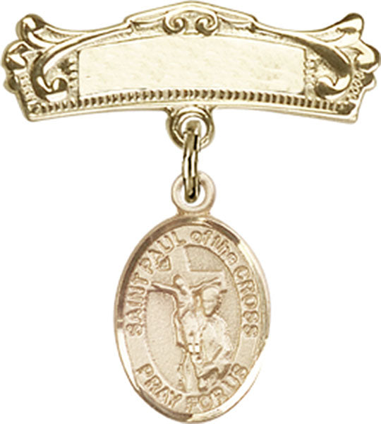 14kt Gold Filled Baby Badge with St. Paul of the Cross Charm and Arched Polished Badge Pin