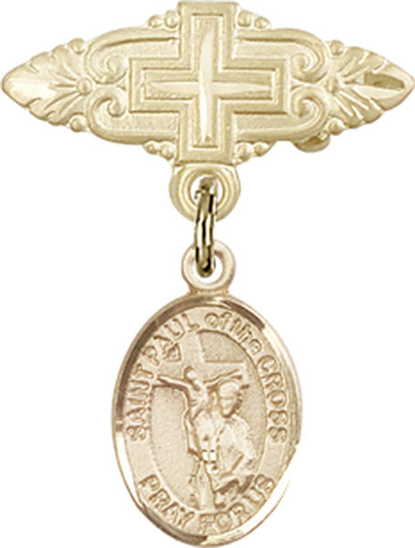 14kt Gold Baby Badge with St. Paul of the Cross Charm and Badge Pin with Cross