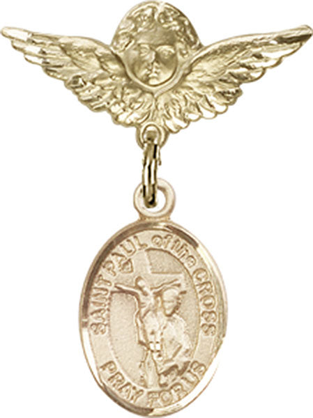 14kt Gold Baby Badge with St. Paul of the Cross Charm and Angel w/Wings Badge Pin