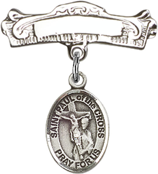 Sterling Silver Baby Badge with St. Paul of the Cross Charm and Arched Polished Badge Pin