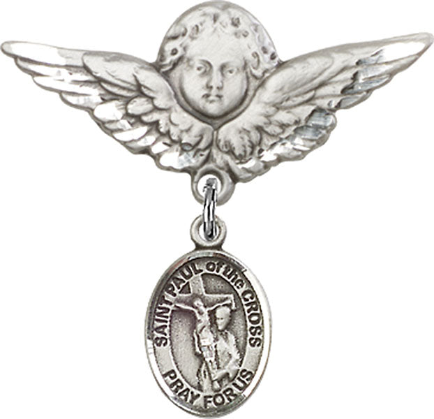 Sterling Silver Baby Badge with St. Paul of the Cross Charm and Angel w/Wings Badge Pin