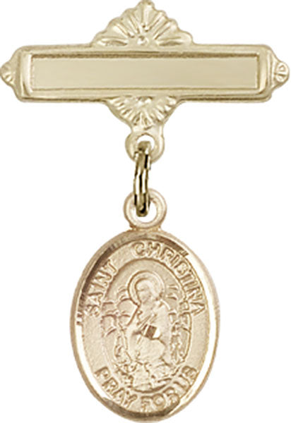 14kt Gold Filled Baby Badge with St. Christina the Astonishing Charm and Polished Badge Pin