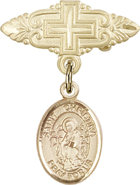14kt Gold Filled Baby Badge with St. Christina the Astonishing Charm and Badge Pin with Cross