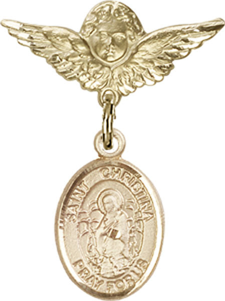 14kt Gold Filled Baby Badge with St. Christina the Astonishing Charm and Angel w/Wings Badge Pin
