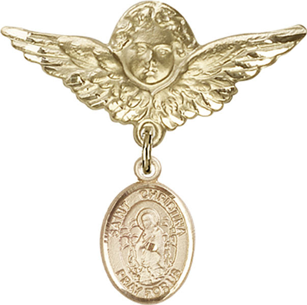 14kt Gold Baby Badge with St. Christina the Astonishing Charm and Angel w/Wings Badge Pin