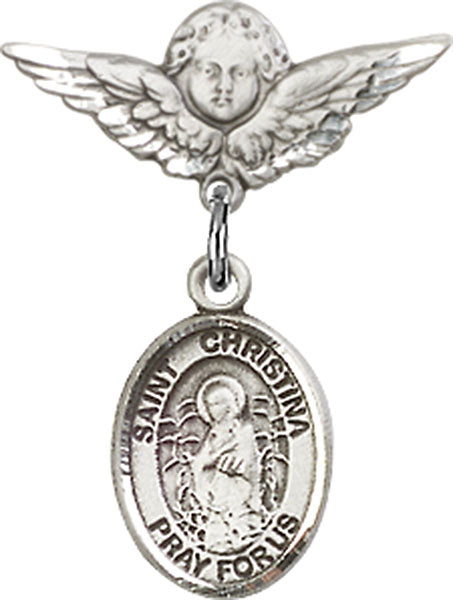 Sterling Silver Baby Badge with St. Christina the Astonishing Charm and Angel w/Wings Badge Pin