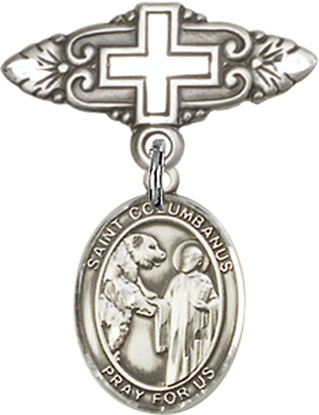 Sterling Silver Baby Badge with St. Columbanus Charm and Badge Pin with Cross