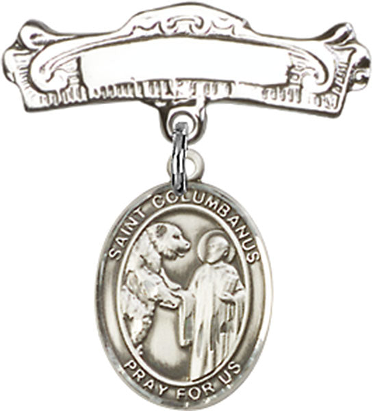 Sterling Silver Baby Badge with St. Columbanus Charm and Arched Polished Badge Pin