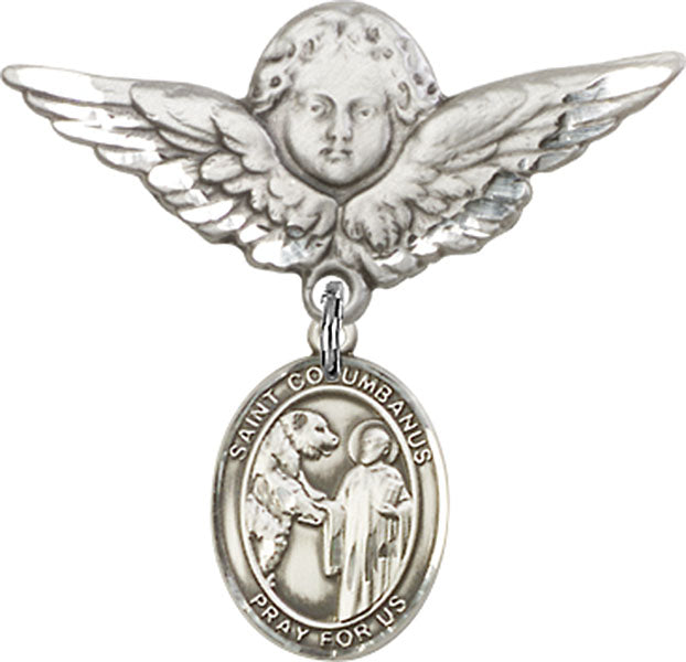 Sterling Silver Baby Badge with St. Columbanus Charm and Angel w/Wings Badge Pin