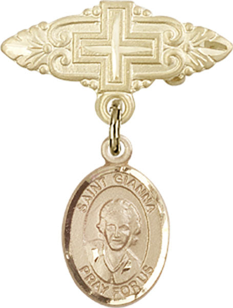14kt Gold Filled Baby Badge with St. Gianna Beretta Molla Charm and Badge Pin with Cross