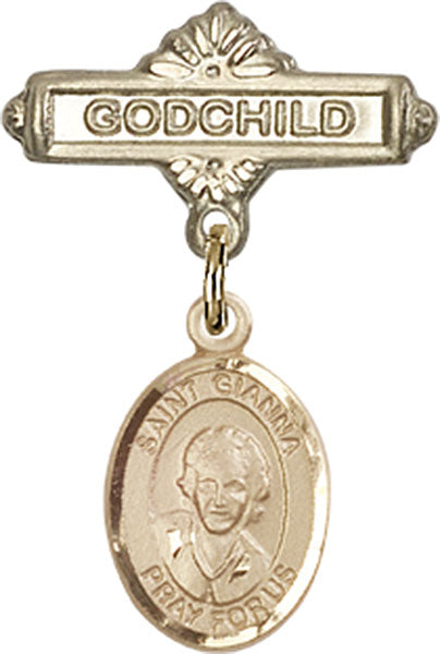 14kt Gold Filled Baby Badge with St. Gianna Beretta Molla Charm and Godchild Badge Pin