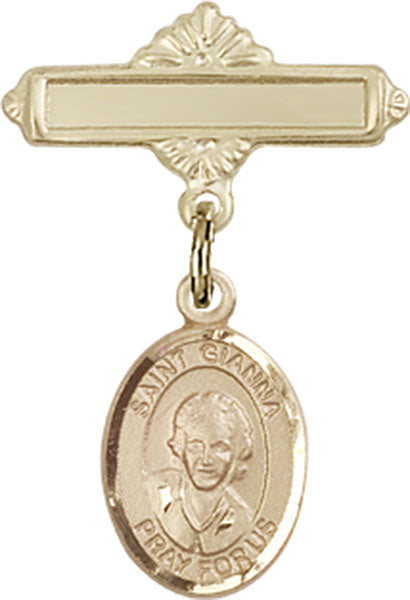 14kt Gold Baby Badge with St. Gianna Beretta Molla Charm and Polished Badge Pin