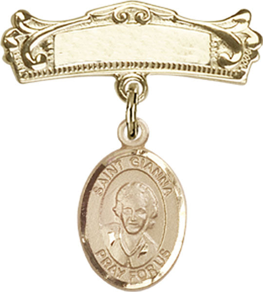 14kt Gold Baby Badge with St. Gianna Beretta Molla Charm and Arched Polished Badge Pin